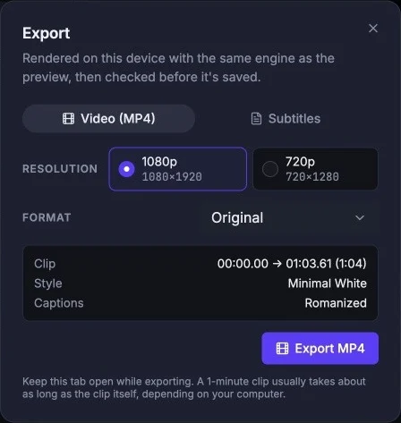 Export dialog with 1080p and 720p options